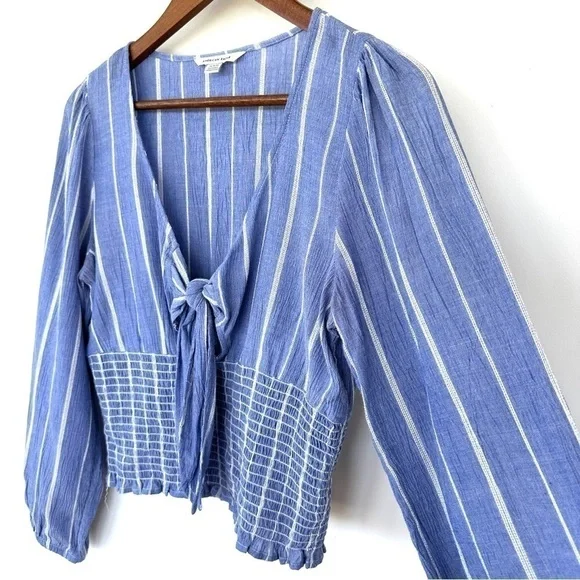 American Eagle top with deep v-neckline & tie, ruched waist, long sleeves - Picture 3 of 11